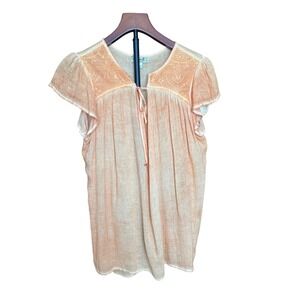 One World Women's Peach Tie Neck Gauze Top Blouse Short Sleeve Size M